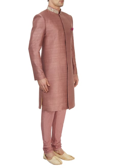 Sva By Sonam & Paras Modi_Pink Raw Silk Embroidered Zari Collar Sherwani Set_Online_at_Aza_Fashions