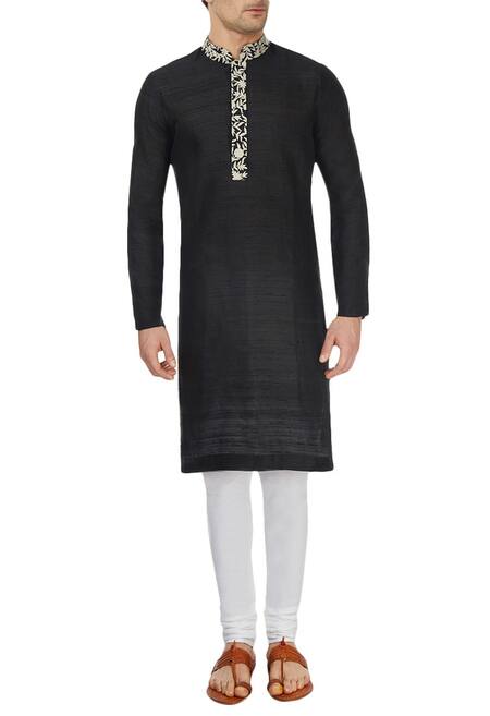 Shop_Sva By Sonam & Paras Modi_Black Embroidered Silk Kurta Set_Online_at_Aza_Fashions