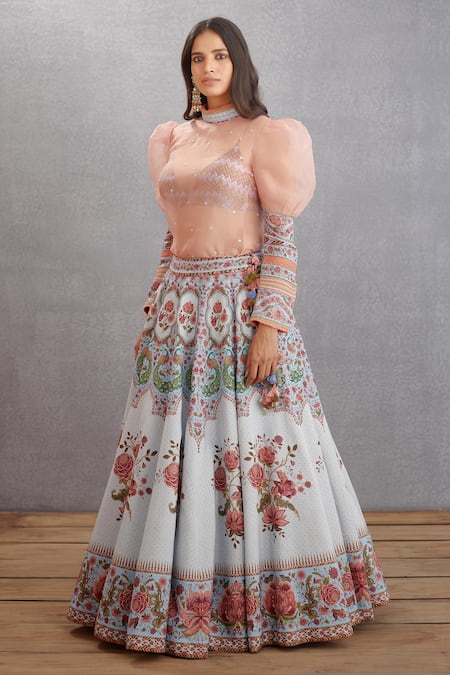 Torani_Pink Floral Top High Neck Samsara Mubina Lehenga Set _Online_at_Aza_Fashions