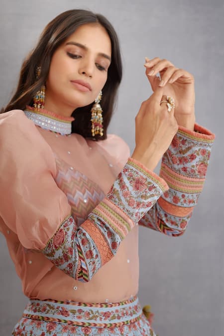 Buy_Torani_Pink Floral Top High Neck Samsara Mubina Lehenga Set _Online_at_Aza_Fashions