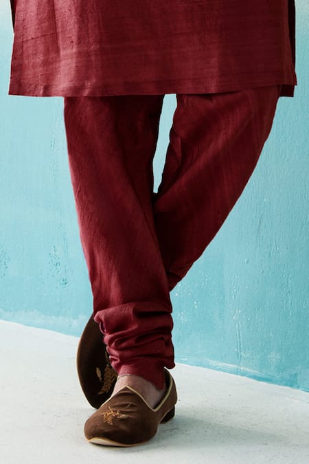 Weaver Story_Maroon Silk Straight Kurta And Churidar Set _Online_at_Aza_Fashions