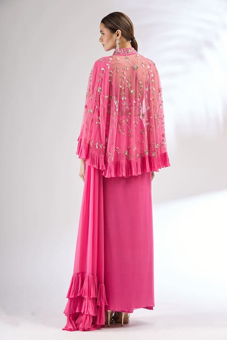 Shop Mani Bhatia Pink Net, Georgette Blouse Sweetheart Cape Band Pre-draped Saree With And at Aza Fashions Shop_Mani Bhatia_Pink Net, Georgette Blouse Sweetheart Cape Band Pre-draped Saree With And _at_Aza_Fashions