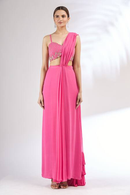 Mani Bhatia Pink Net, Georgette Blouse Sweetheart Cape Band Pre-draped Saree With And Online at Aza Fashions Mani Bhatia_Pink Net, Georgette Blouse Sweetheart Cape Band Pre-draped Saree With And _Online_at_Aza_Fashions