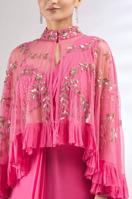 Buy Mani Bhatia Pink Net, Georgette Blouse Sweetheart Cape Band Pre-draped Saree With And Online at Aza Fashions Buy_Mani Bhatia_Pink Net, Georgette Blouse Sweetheart Cape Band Pre-draped Saree With And _Online_at_Aza_Fashions