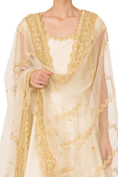 Preeti S Kapoor_White Ivory And Gold Silk Anarkali Set_Online_at_Aza_Fashions