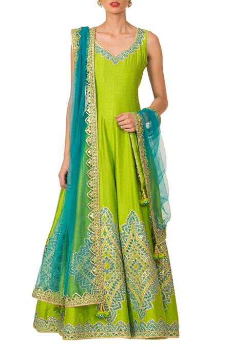 Preeti S Kapoor Blue Parrot Green Anarkali Set