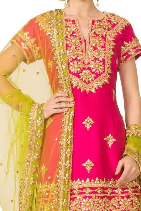 Orange & Pink Cotton Jam Silk Women's Salwar Suit With Banarasi Dupatta -  Mf Next Com - 2950920