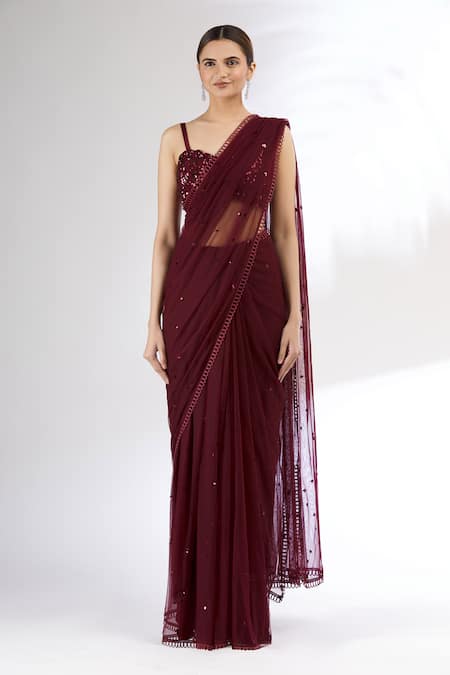 Mani Bhatia_Maroon Net, Organza Satin Blouse Sweetheart Cape Embroidered Saree Set With _Online_at_Aza_Fashions