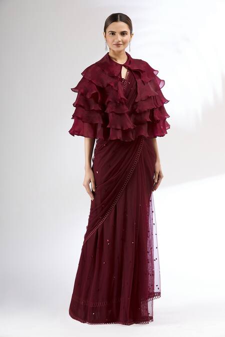 Buy_Mani Bhatia_Maroon Net, Organza Satin Blouse Sweetheart Cape Embroidered Saree Set With _Online_at_Aza_Fashions