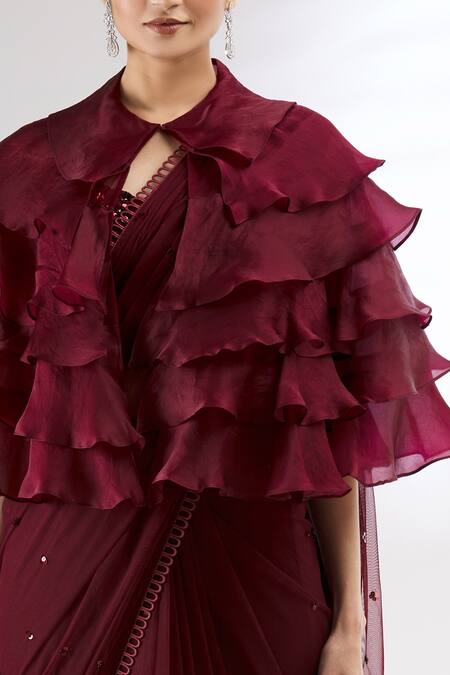 Shop_Mani Bhatia_Maroon Net, Organza Satin Blouse Sweetheart Cape Embroidered Saree Set With _Online_at_Aza_Fashions
