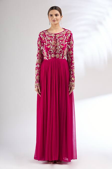 Mani Bhatia_Pink Georgette Round Embroidered Anarkali With Dupatta _Online_at_Aza_Fashions