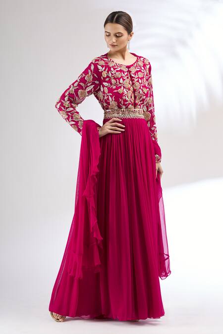 Buy_Mani Bhatia_Pink Georgette Round Embroidered Anarkali With Dupatta _Online_at_Aza_Fashions