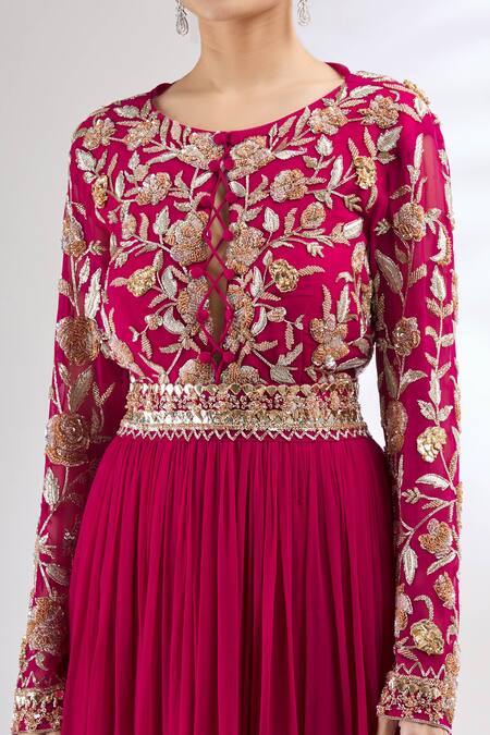Mani Bhatia_Pink Georgette Round Embroidered Anarkali With Dupatta _at_Aza_Fashions