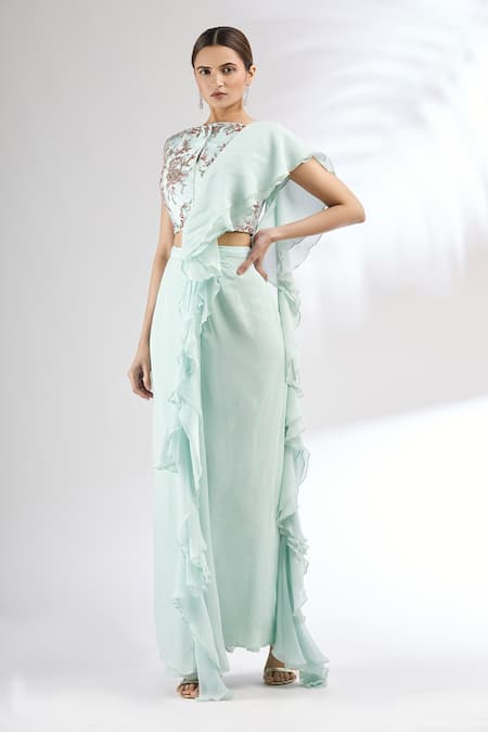 Mani Bhatia Blue Silk, Georgette Boat Pre-draped Saree With Blouse