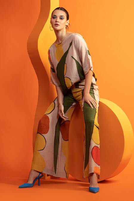 Shop_Nautanky_Beige Cotton, Crepe Boat Neck Abstract Geometric Print Boxy Top And Pant Set _Online_at_Aza_Fashions