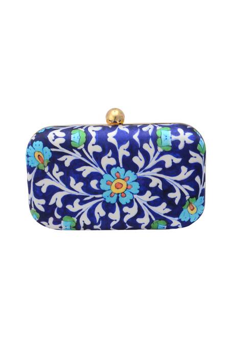 Puneet Gupta_Blue Floral Print Box Clutch_Online_at_Aza_Fashions