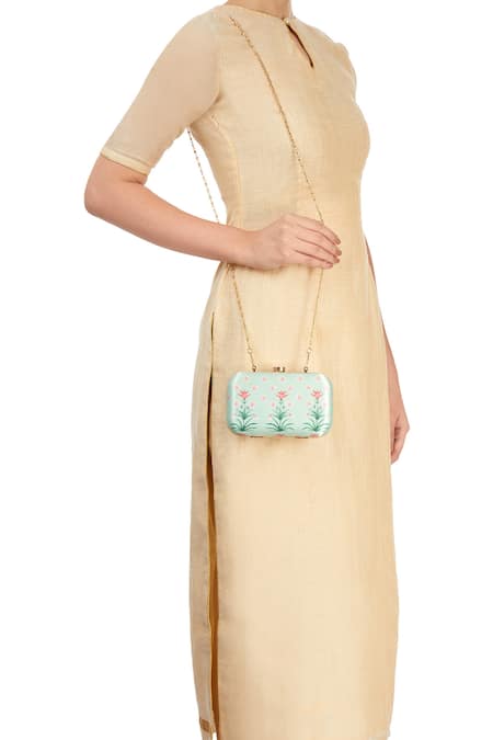 Shop Puneet Gupta Green Floral Print Box Clutch at Aza Fashions Shop_Puneet Gupta_Green Floral Print Box Clutch _at_Aza_Fashions