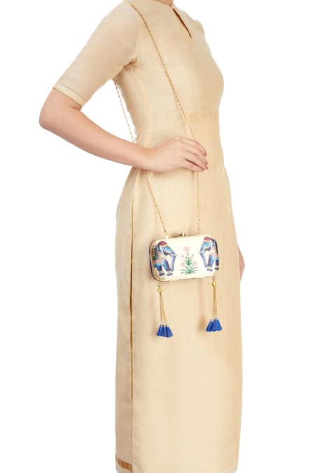Shop Puneet Gupta Cream Embroidery, Beads, Pearls, Chains, Tassels Elephant Print And Clutch at Aza Fashions Shop_Puneet Gupta_Cream Embroidery, Beads, Pearls, Chains, Tassels Elephant Print And Clutch _at_Aza_Fashions