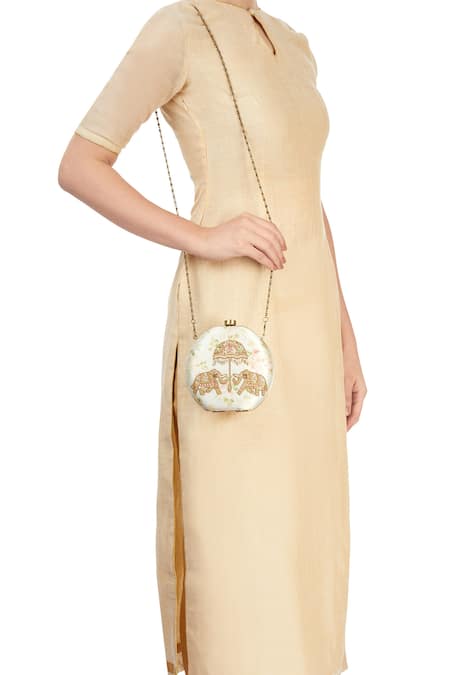 Shop Puneet Gupta White Embroidery, Beads, Pearls, Sequins Floral Print Elephant Motif Clutch at Aza Fashions Shop_Puneet Gupta_White Embroidery, Beads, Pearls, Sequins Floral Print Elephant Motif Clutch _at_Aza_Fashions