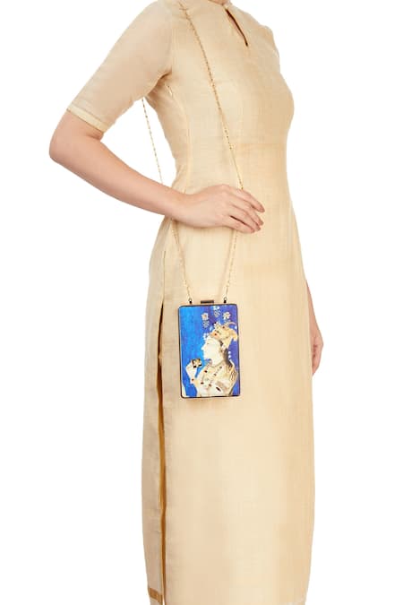 Puneet Gupta Digital Printed Blue Clutch with Chain 