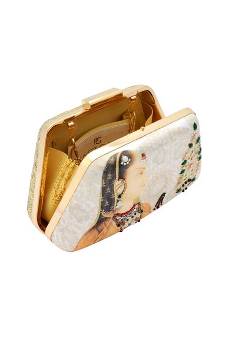 Buy_Puneet Gupta_White Beads Ivory Digital Printed Clutch _Online_at_Aza_Fashions