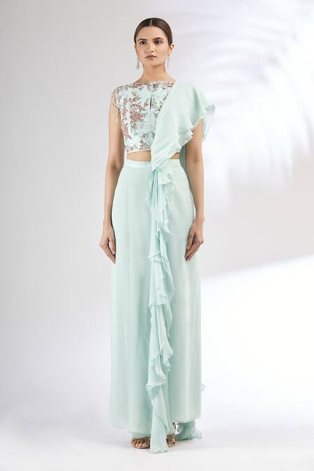 Mani Bhatia_Blue Silk, Georgette Boat Pre-draped Saree With Blouse _Online_at_Aza_Fashions