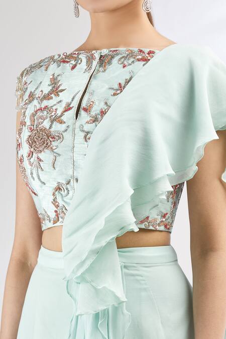 Mani Bhatia_Blue Silk, Georgette Boat Pre-draped Saree With Blouse _at_Aza_Fashions