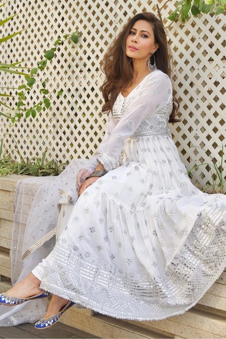 Buy Cream White Georgette Anarkali kurta Suit Set with Embroidery