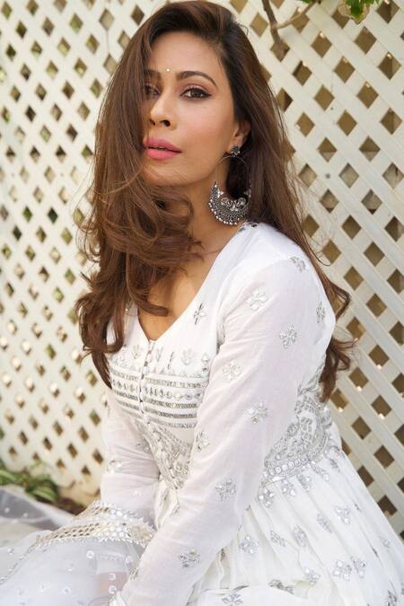 Buy_Gopi Vaid_White , Net, Silk V Neck Embroidered Anarkali Set_Online_at_Aza_Fashions