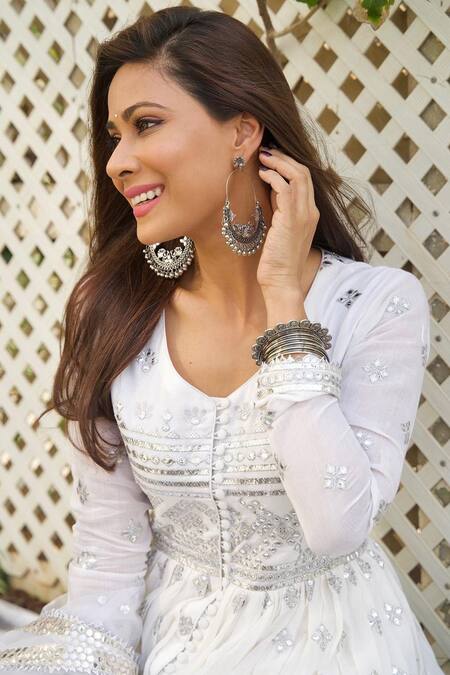 Shop_Gopi Vaid_White , Net, Silk V Neck Embroidered Anarkali Set_Online_at_Aza_Fashions