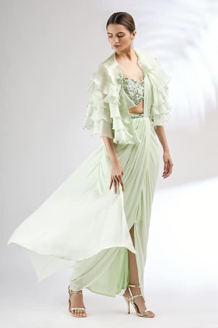 Mani Bhatia Green Georgette, Organza Satin Blouse Sweetheart Cape Pre-draped Saree And 