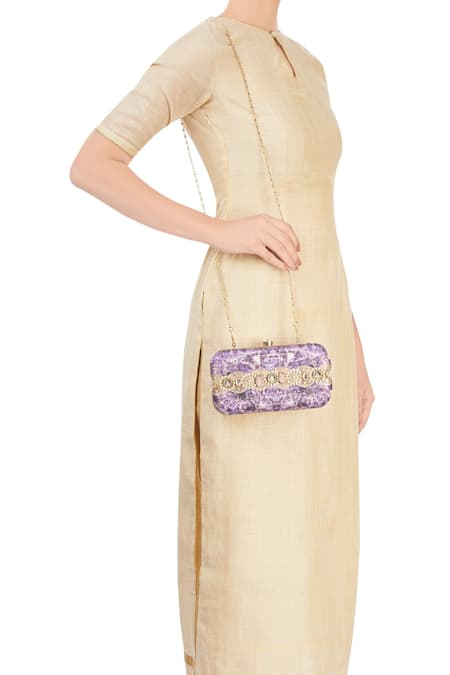 Shop_Puneet Gupta_Multi Color Pearl And Mirror Abstract Print Box Clutch _at_Aza_Fashions