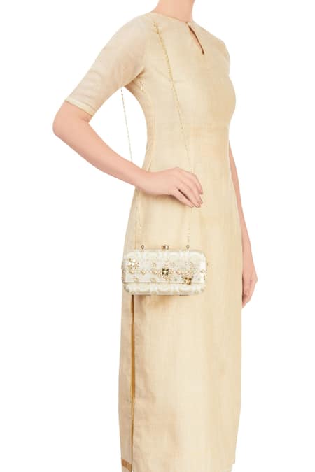 Shop Puneet Gupta White Pearl Work Floral Print Box Clutch at Aza Fashions Shop_Puneet Gupta_White Pearl Work Floral Print Box Clutch _at_Aza_Fashions