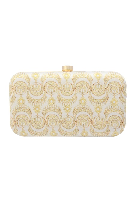Puneet Gupta White Pearl Work Floral Print Box Clutch Online at Aza Fashions Puneet Gupta_White Pearl Work Floral Print Box Clutch _Online_at_Aza_Fashions