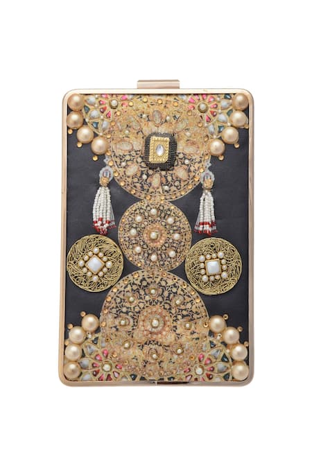 Puneet Gupta Black Zardozi And Pearl Work Clutch 