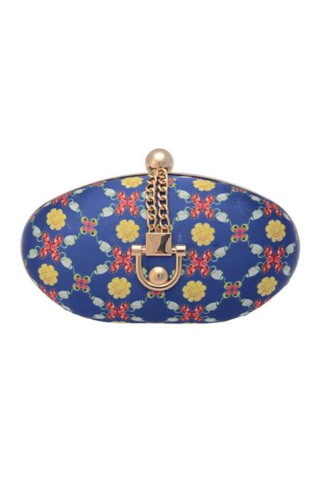 Puneet Gupta Blue Oval Clutch With Floral Print