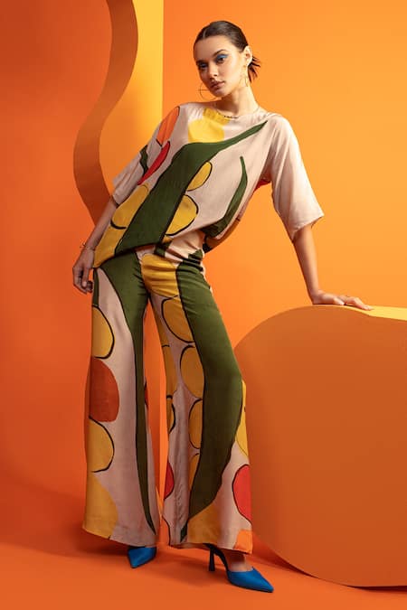 Nautanky_Beige Cotton, Crepe Boat Neck Abstract Geometric Print Boxy Top And Pant Set _at_Aza_Fashions