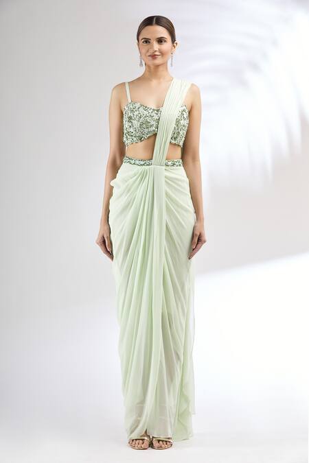Mani Bhatia_Green Georgette, Organza Satin Blouse Sweetheart Cape Pre-draped Saree And _Online_at_Aza_Fashions