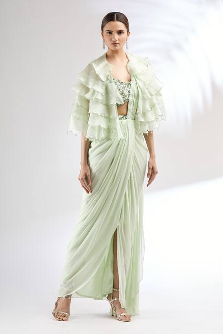 Buy_Mani Bhatia_Green Georgette, Organza Satin Blouse Sweetheart Cape Pre-draped Saree And _Online_at_Aza_Fashions