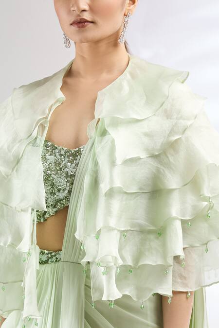 Mani Bhatia_Green Georgette, Organza Satin Blouse Sweetheart Cape Pre-draped Saree And _at_Aza_Fashions