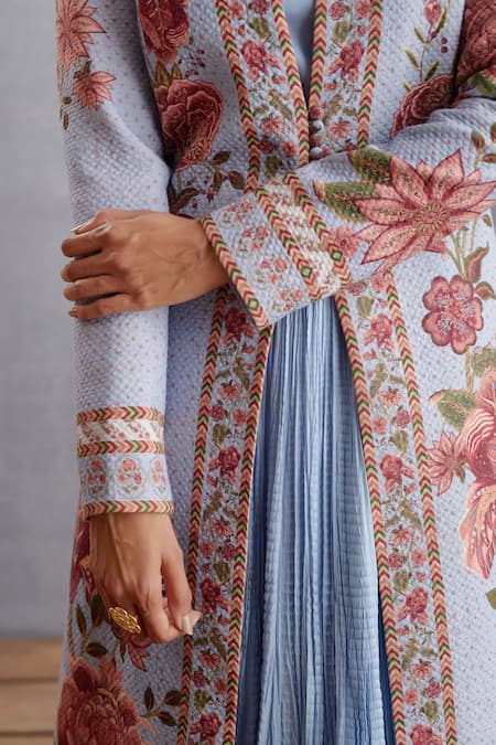 Torani Blue Cotton Voile, Dress Handwoven Chanderi, Jacket Samsara Dhuni Chogha Set at Aza Fashions Torani_Blue Cotton Voile, Dress Handwoven Chanderi, Jacket Samsara Dhuni Chogha Set _at_Aza_Fashions