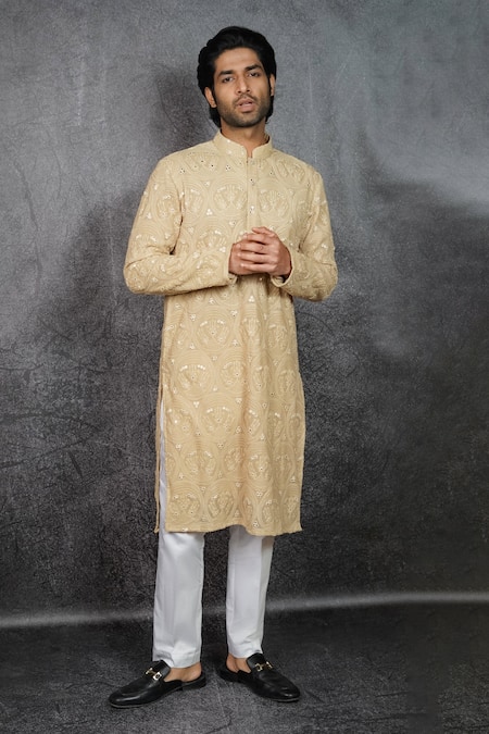 Kasbah_Beige Georgette Chikankari, Foil Work Embroidered Kurta _Online_at_Aza_Fashions