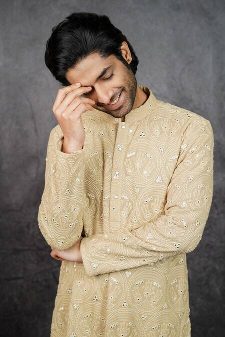 Shop_Kasbah_Beige Georgette Chikankari, Foil Work Embroidered Kurta _Online_at_Aza_Fashions