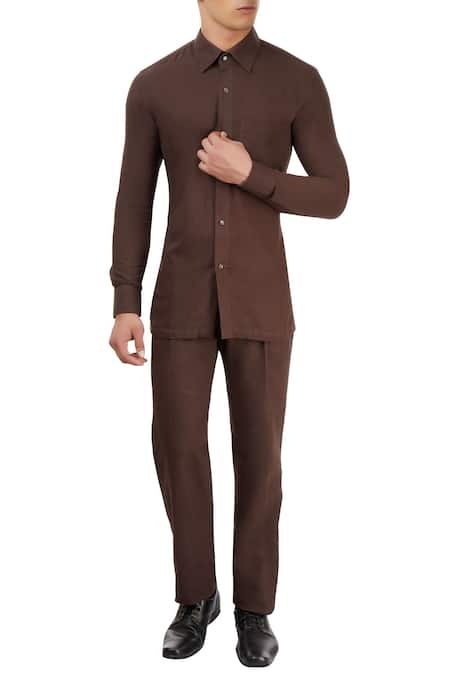 Fahd Khatri Brown Cotton Slim Fit Shirt