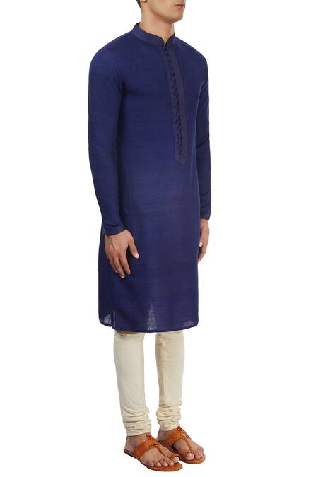 Pranay Baidya_Blue Pure Matka Cotton Silk Textured Kurta_Online_at_Aza_Fashions