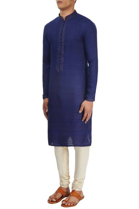 Buy_Pranay Baidya_Blue Pure Matka Cotton Silk Textured Kurta_Online_at_Aza_Fashions