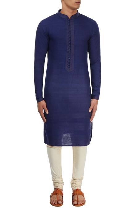 Shop_Pranay Baidya_Blue Pure Matka Cotton Silk Textured Kurta_Online_at_Aza_Fashions