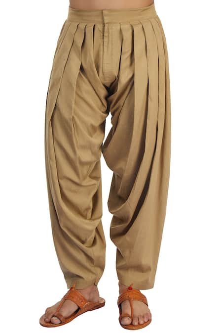 Shop Pranay Baidya Brown Cotton Silk Pleated Patiala Pant at Aza Fashions Shop_Pranay Baidya_Brown Cotton Silk Pleated Patiala Pant _at_Aza_Fashions
