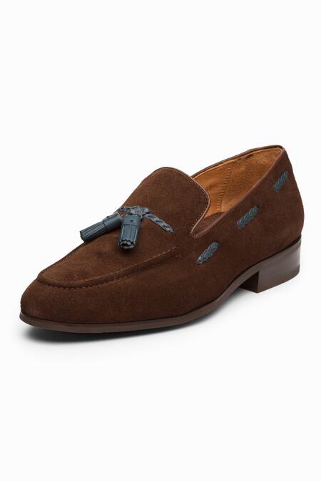 Buy Brown Handcrafted Suede Leather Tassel Loafers For Men by