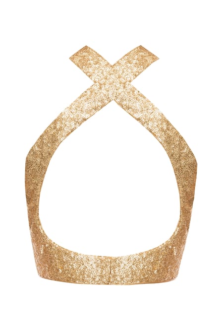 Vandana Sethi_Gold Sequined V Neck Embellished Blouse_Online_at_Aza_Fashions